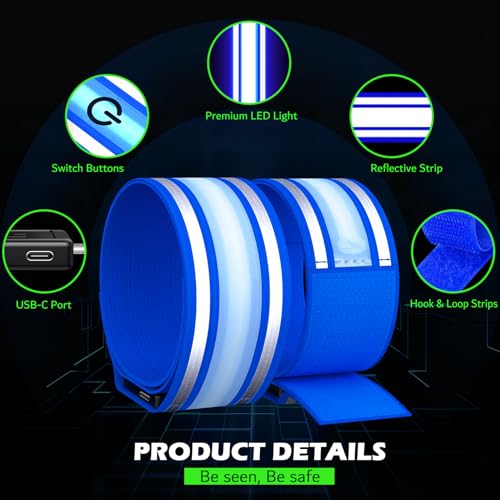 LED Armband Rechargeable for Running(2 Pack),Light Up Arm Bands for Night Walking,Running Lights for Runners,High Visibility Reflective Running Gearr for Night Safety Light Up Wristbands - size: Blue