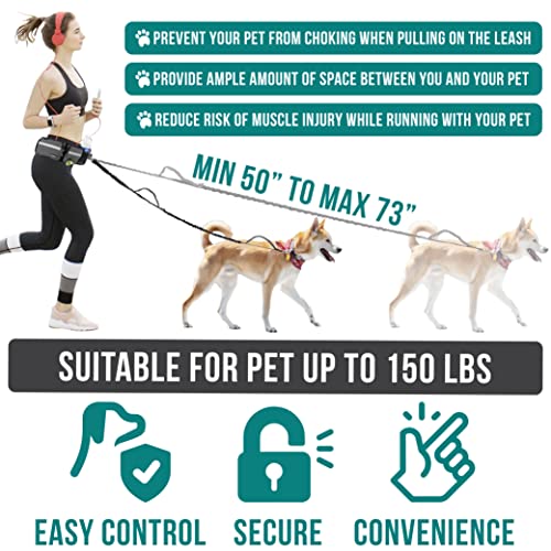 PetAmi Hands Free Dog Leash, Dog Running Leash Belt Bag for Walking, Jogging, Dog Waist Double Zipper Pouch with Poop Bag Dispenser, Dual Padded Handles Reflective Bungee Leash, Single (Charcoal Grey) - color: Charcoal Grey, size: 1 Leash