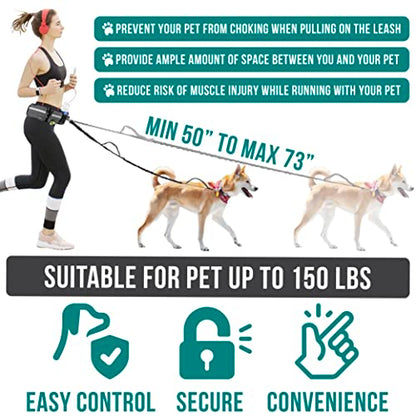 PetAmi Hands Free Dog Leash, Dog Running Leash Belt Bag for Walking, Jogging, Dog Waist Double Zipper Pouch with Poop Bag Dispenser, Dual Padded Handles Reflective Bungee Leash, Single (Charcoal Grey) - color: Charcoal Grey, size: 1 Leash