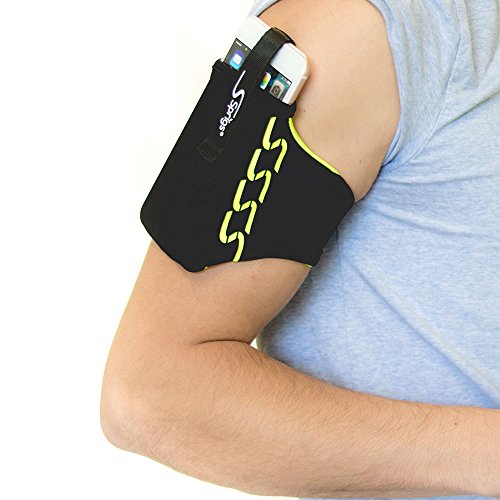 Sprigs Phone Armband Sleeve for iPhone 14, 13, 12, 11, X Galaxy Z, S22, S21, S20 Google Pixel 7, 6, 5. The Lightest & Most Comfortable Running Armband, Stretches to Fit All Phones with Case for Women & Men - color: Black / HiViz, size: X-Large