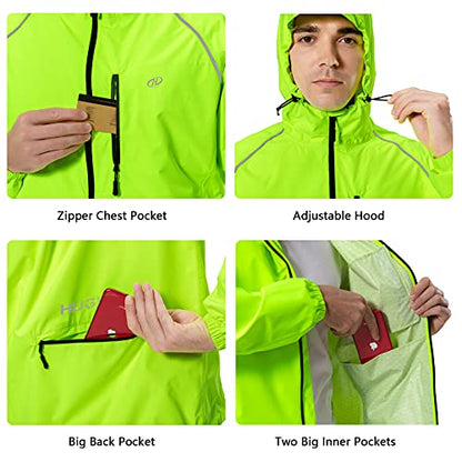 Hugut Men's Cycling Running Rain Jacket Lightweight Waterproof Biking Hiking Windbreaker Raincoat Reflective Packable - color: Fluorescent Yellow, size: 3X-Large