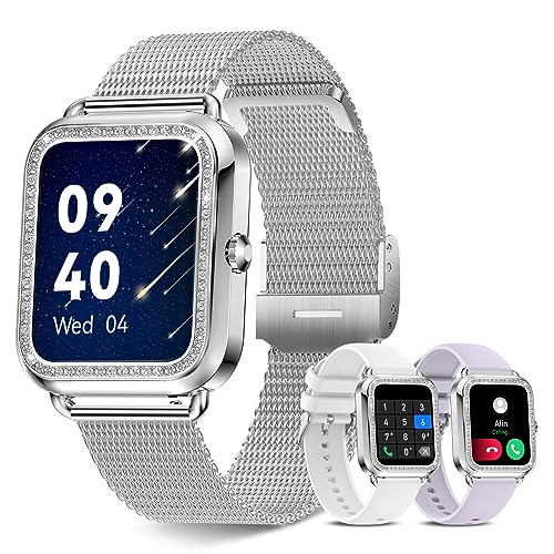 1.6'' Touch Screen Smart Watch for Women (Answer/Make Call), Activity Trackers and Smartwatches with Waterproof Heart Rate Sleep Monitor 100+ Sports Pedometer AI Voice,Fitness Watch for iPhone Android - color: sliver with diamonds