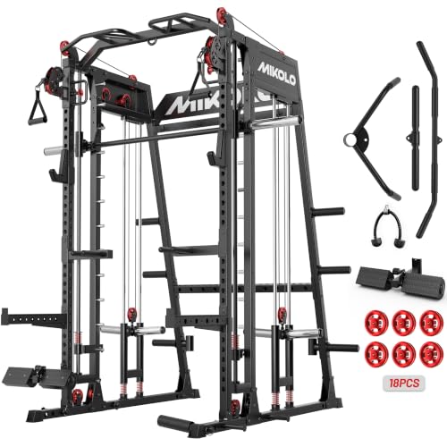 Mikolo M4 2.0 Smith Machine, 2200lbs Squat Rack with LAT-Pull Down System & Cable Crossover Machine, Training Equipment with Leg Hold-Down Attachment - color: Black, size: M4 2.0 Ultra