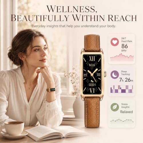 Elegant Smart Watch for Women AMOLED Fitness Tracker with Leather Band - color: Champagne Gold Velvet Black