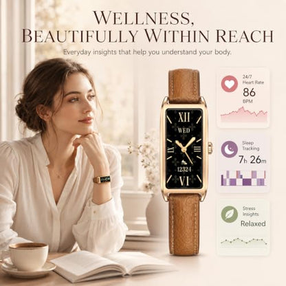 Elegant Smart Watch for Women AMOLED Fitness Tracker with Leather Band - color: Champagne Gold Maple