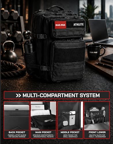 45L Tactical Gym Backpack with 2 Patch Panels, MOLLE System, Dual Bottle Holders & Clamshell Opening - color: Black