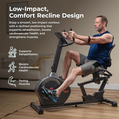 Sunny Health & Fitness Smart Recumbent Bike, Wide Cushioned Seat & Back, Indoor Cycling Machine for Adult/Seniors Home Exercise, Free SunnyFit App Connection - color: Dark Grey