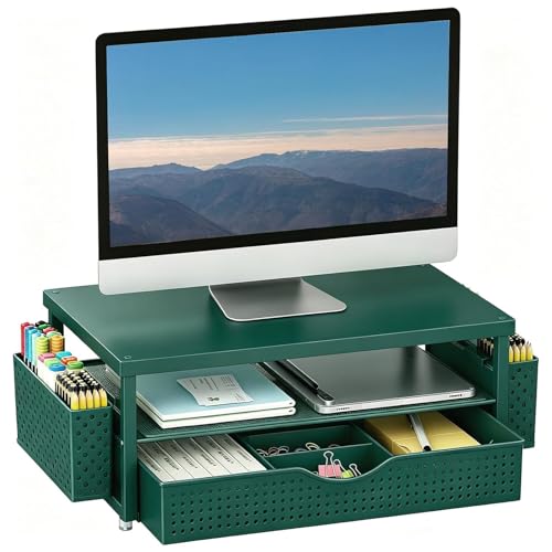 gianotter Desk Organizers and Accessories, Monitor Stand with Drawer and 2 Pen Holder, Desktop Organizer Suitable for Offices and Dormitories (Green) - color: Matte Green