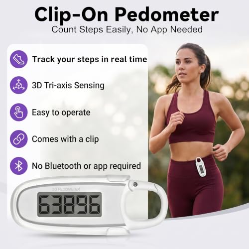 3D Pedometer for Walking, Simple Step Counter with Clip & Carabiner - color: White