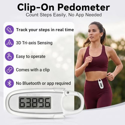 3D Pedometer for Walking, Simple Step Counter with Clip & Carabiner - color: White