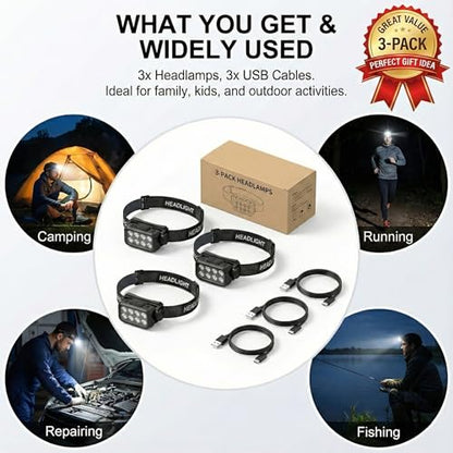 3 Pack Rechargeable Headlamp, 8 LED Head Lamp Flashlight with Motion Sensor, 1000 Lumens USB-C Headlight, Lightweight Waterproof Head Lamp for Adults Camping Running Hiking Fishing Work