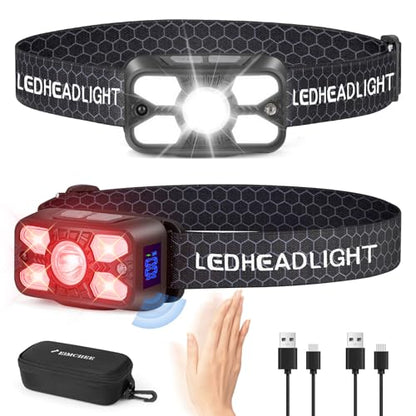 Elmchee Rechargeable Headlamp 2 Pack, 2500 Lumen Bright 5 LED Headlight, 7 Modes Adjustable Motion Sensor, USB-C Waterproof Head Flashlight, Outdoor Hiking Camping Fishing (5 Led Headlamp) - style: 5 Led Headlamp