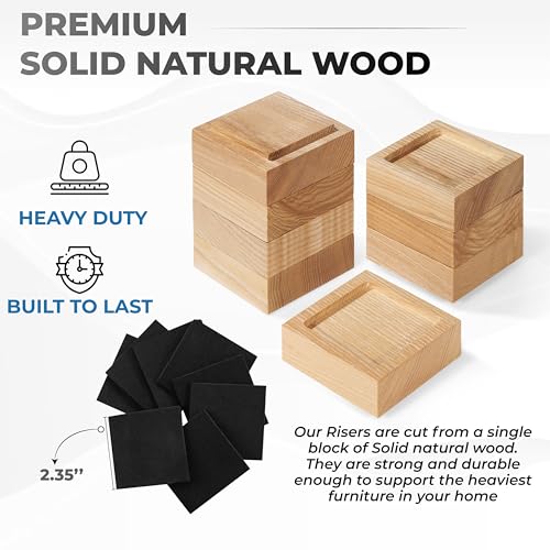 Bed Risers, Furniture Risers (Set of 8-Height 1") Can be Adjusted to 2'' 3''or 4'', Lifts Furniture Risers, Solid Natural Wood Risers, Non-Slip Recessed Hole (Square-Natural Color) - color: Square-natural Color