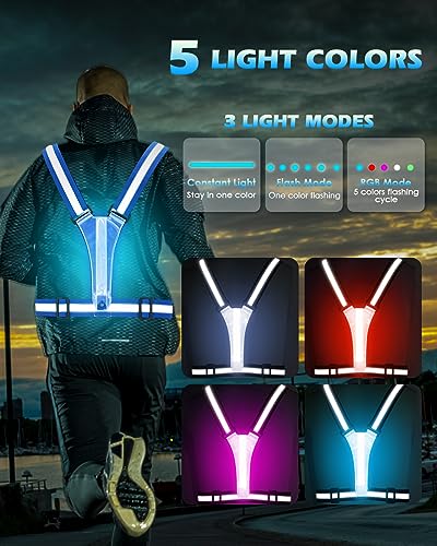 Zacro LED Reflective Vest Running Gear, 5 Lights Colors High Visibility Reflective Running Gear Rechargeable Light Up Running Vest for Walking Running Cycling, Adjustable for Men Women Kids - color: Blue