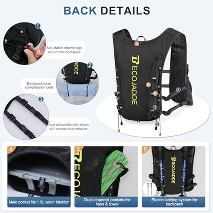 BECOJADDE Running Vest for Women Men, 5L/6L Lightweight Hydration Backpack Running Pack for Marathon, Trail, Cycling, Hiking, Jogging - color: Black