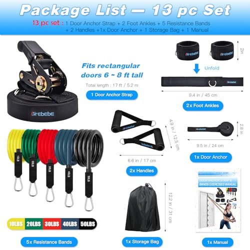 Brebebe Upgrade Door Anchor Strap for Resistance Bands Exercise, Multi Points Anchor Straps with 7 Loops+ 7 D Rings, Home Gym Workout Equipments with Ratchet Adjust Tighten Straps Not Loose, Sturdy - style: Door Anchor+Resistance Bands Set