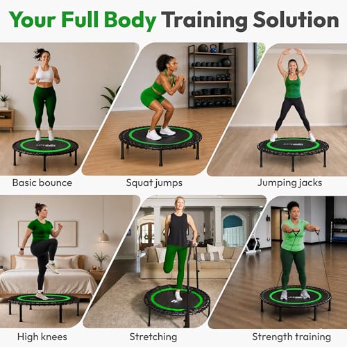 JUMPZYLLA Mini Rebounder Trampoline for Adults, Fitness Trampoline with Bar - color: Green, size: 40"