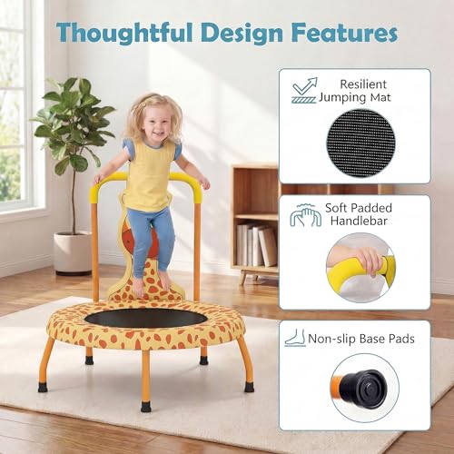 GYMAX Toddler Trampoline, 175lbs Springfree Kids Trampoline with Padded Handlebar & No-Gap Safety Cover, Small Mini Indoor Trampolines for Boys and Girls - color: Giraffe