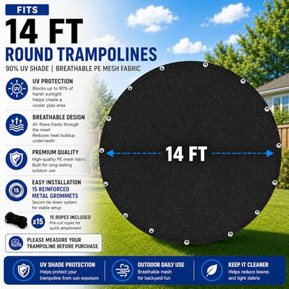 Trampoline Shade Cover 90% Shading Ratio Black Sunshade Tent Top Cover 10ft 12ft 14ft for Round Trampoline, Easy to Install for Backyard Playground, Sunproof Net for Outdoor, Tent Only (Fits 14FT) - size: Fits 14FT
