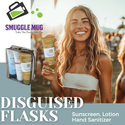 Smuggle Mug Lotion Flasks 3 Pack | TSA Approved 100ml Tubes and Clear Quart Zipper Bag | Lid Seals and Funnel Included | Disguised Containers for Cruise, Beach, and Festival | Total of 10 oz | Secret