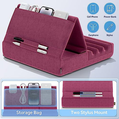 KDD Tablet Pillow Holder, Foldable iPad Stand for Lap, Bed and Desk -Tablet Soft Pad Dock with Pocket & Stylus Mount Compatible with iPad Pro 12.9, 10.5, 9.7 Air Mini 6 5 4 3, Galaxy Tab, E-Reader - color: Purple