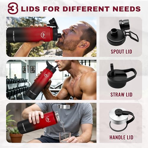 NATURE PIONEOR 24 oz Insulated Water Bottle with Carrier Bag & 3 Lids - color: Red Black, size: 24 Ounces