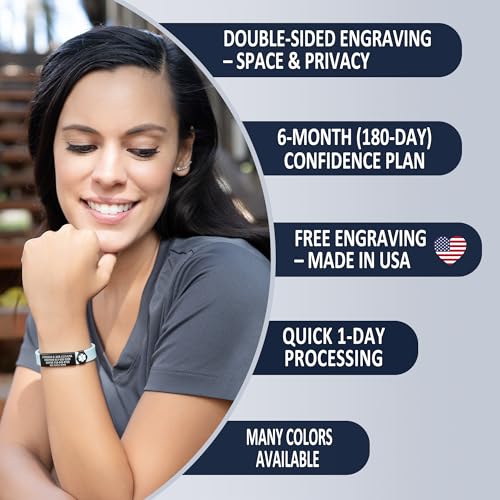 Divoti Custom Dual-Sided Engraved Silicone Medical Alert ID Wristband w/Security Clasp & Trim-to-Fit Band - Style - color: Carmella Blue / PVD Black / White, size: Band Width - 19mm
