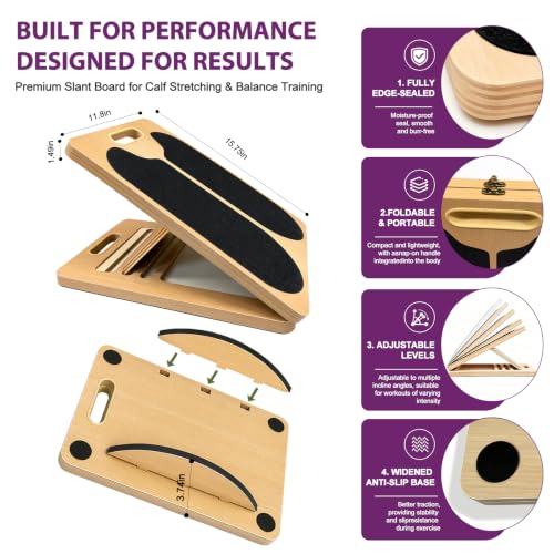 2-in-1 Slant Board & Wobble Balance Board, Adjustable Calf Stretcher with Non-Slip Base, Carry Handle, Felt Lining & Sealed Edges for Calf Stretch, Ankle Rehab & Core Balance Training