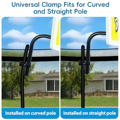 Trampoline Basketball Hoop, Universal Trampoline Accessories, Fits Straight Pole & Curved Pole, Upgraded Basketball Hoop for Trampoline with 2 Mini Ball, Pump and Protective Net
