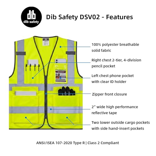 Dib Safety Hi Vis Reflective Safety Vest for Men Women with Pockets Zipper - color: Yellow, size: XX-Large