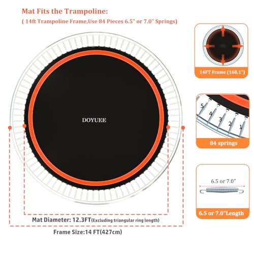 Trampoline Mat Replacement，Fits 14ft Frame, with72/80/84/88/96 Rings for Choose,Fits 5.3"-8.5" Springs, Trampoline Mat Diameter 11.97ft-12.56ft，Spring and Frame not Included - style: 84Rings & 147.6"Diameter Mat-Fits 6.5" or 7.0" Springs