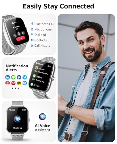 EarlySincere Premium Smart Watch Men Women Bluetooth Call, 2.06" AMOLED AOD - color: Silver Metal