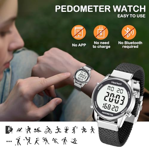 Hearkent Pedometer Watch,Step,Mileage&Calorie Tracker,Large Numbers - color: Black