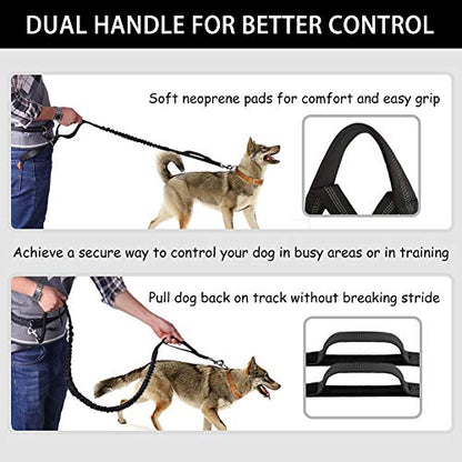 Hands Free Dog Leash, Waist Running Leash with Zipper, Walking Pouch for Medium Large Dogs, Dual Handle and Retractable Bungee for Training Jogging Hiking - color: Black/Black