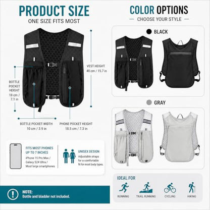 Running Vest for Women & Men, Hydration Vest with Water Bottle Holder and Zipper Phone Pocket, Lightweight Breathable Reflective Running Vest for Marathon. - color: Black