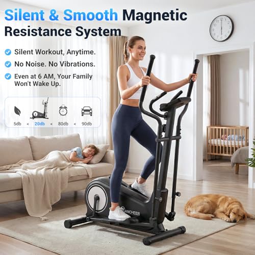 ANCHEER Elliptical Exercise Machine Foldable Elliptical Trainer 16" Stride - color: Black with White