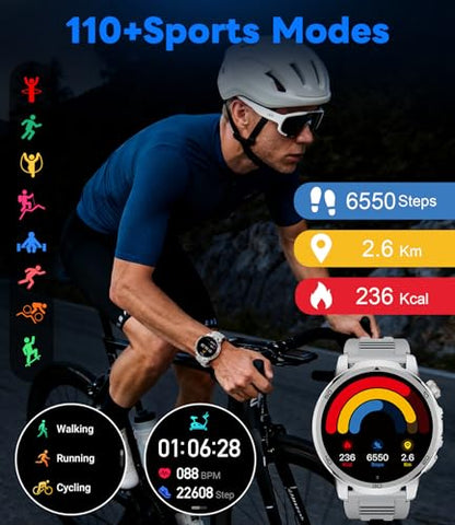 Military Smart Watch for Men Answer/Make Call, 1.85'' HD Rugged Smartwatch with 1000mAh Battery/Flashlight/Heart Rate/110+ Sports Mode, IP68 Waterproof Fitness Tracker Watch for Android iPhone - color: Silver
