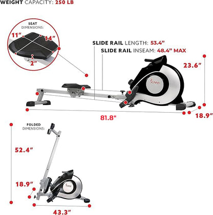 Sunny Health & Fitness Magnetic Rowing Machine Rower with 8-Level Resistance, 53.4" Extended Slide Rail & Digital LCD Display - SF-RW520084S