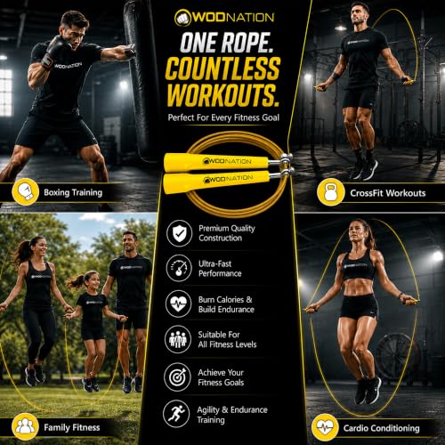 WOD Nation Adjustable Speed Jump Rope For Men, Women & Children - Blazing Fast Fitness Skipping Rope Perfect for Boxing, MMA, Endurance - color: Yellow