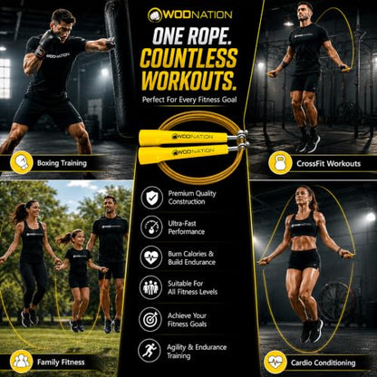 WOD Nation Adjustable Speed Jump Rope For Men, Women & Children - Blazing Fast Fitness Skipping Rope Perfect for Boxing, MMA, Endurance - color: Yellow