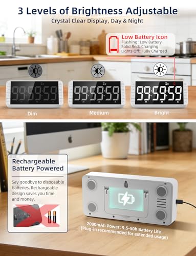 Large 7.8" Digital Timer with LED Display, Magnetic for Kitchen & Classroom - color: White