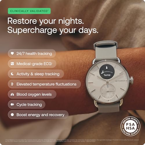 WITHINGS ScanWatch 2 - Hybrid Smart Watch, Heart Rate Monitoring, Fitness Tracker, Cycle Tracker, Sleep Monitoring, GPS Tracker, 30-Day Battery Life, Android & Apple Compatible, HSA/FSA - color: Black, style: Scanwatch 2 - 38mm