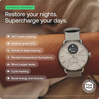 WITHINGS ScanWatch 2 - Hybrid Smart Watch, Heart Rate Monitoring, Fitness Tracker, Cycle Tracker, Sleep Monitoring, GPS Tracker, 30-Day Battery Life, Android & Apple Compatible, HSA/FSA - color: Black, style: Scanwatch 2 - 38mm