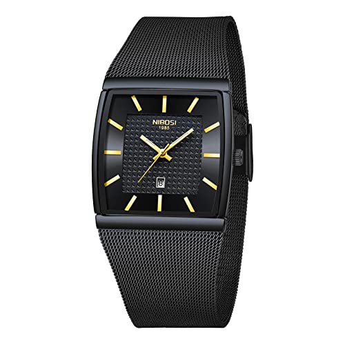 NIBOSI Men's Analog Watch, Square Dial Mesh Strap, Date Display - color: 2376-Black
