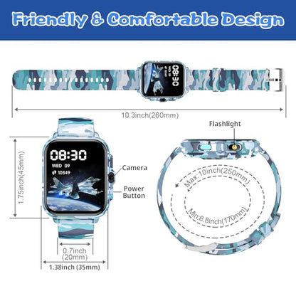 Smart Watch for Kids Boys Age 5-12, Ai Functions Games HD Touch Screen Watches with Video Camera Music Player Pedometer Heart Rate Sleep Tracker Christmas Birthday Gifts for Boys (Camouflage, 1.85") - color: Camouflage