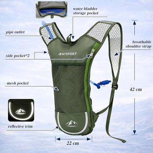 Lightweight 2 Pack Hydration Backpack with 2L Water Bladder for Hiking - color: Green & Gray