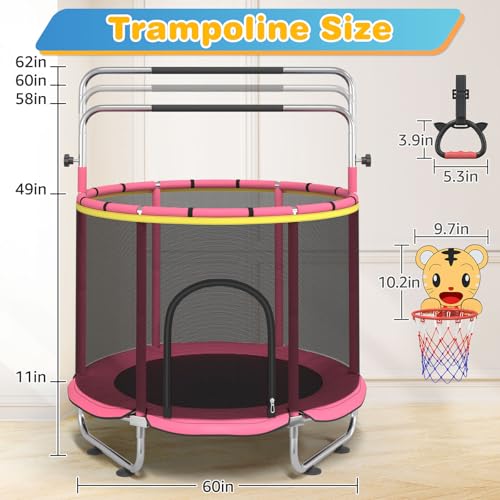 60" Trampoline for Kids with Enclosure Net, Toddler Trampolines Indoor - color: Rosered