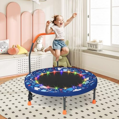 GYMAX 36” Toddler Trampoline with Lights, Folding Springless ASTM Approved Small Kids Rebounder with Foam Handle, Safety Padded Cover & Foldable Legs, Mini Indoor Baby Trampolines (Dark Blue)