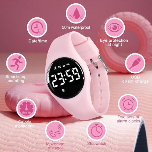 Kids Watches for Girls Boys Digital Sport Watch with Step Counter Pedometer Vibration Alarm Clock, No App Waterproof Fitness Tracker Kids Watch Boys Girls Teens Students Ages 5-16 - color: 102-F-Pink