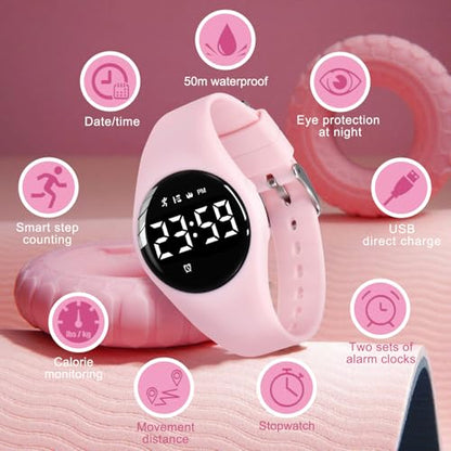 Kids Watches for Girls Boys Digital Sport Watch with Step Counter Pedometer Vibration Alarm Clock, No App Waterproof Fitness Tracker Kids Watch Boys Girls Teens Students Ages 5-16 - color: 102-F-Pink